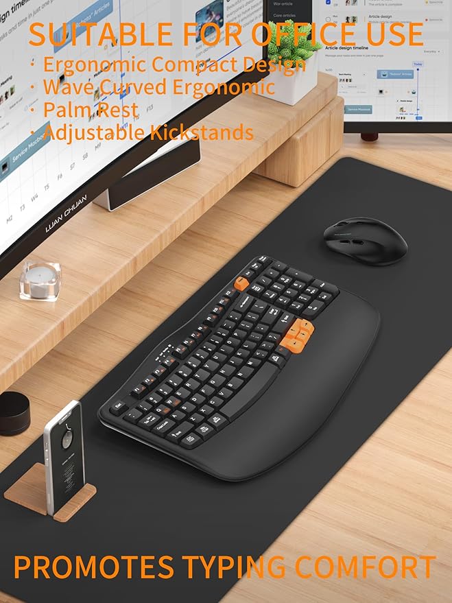 RECCAZR Ergonomic Wireless Keyboard with Wrist Rest, Wave Keys for Comfortable Natural Typing, 2.4GHz Ergo Wireless Computer Keyboard for Windows, Mac OS Laptop/PC/Notebook (Black&Orange)