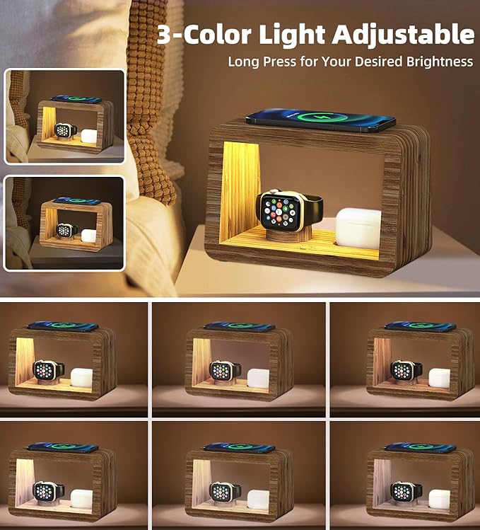 Bamboo Charging Station for Multiple Devices,15W Fast Wireless Charging Station with Nightlight, 3 Color & 4 Adjustable Brightness Compatible with Phone/Watch/AirPods