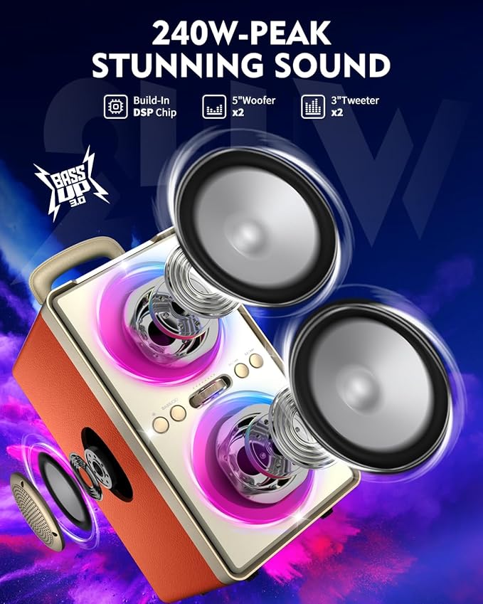 Bluetooth Speaker, 240W Peak Loud Party Speaker with Big Bass, 20H Playtime, TWS, BT5.3, Large Portable Wireless Boom Box with LED Light for Outdoor Backyard Beach Home (Leather Orange)