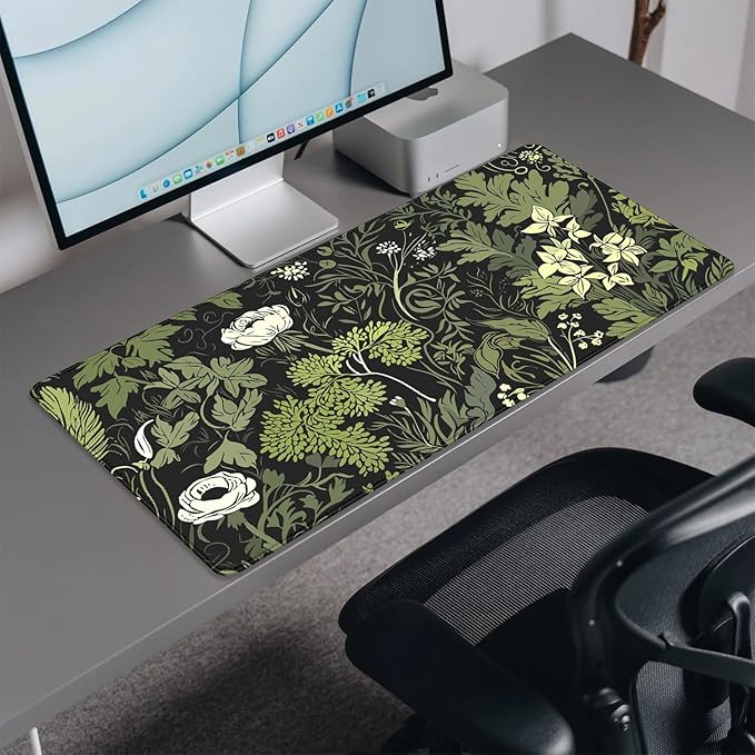 Sage Green Floral and Plant Desk Pad Mouse Pad,Large Gaming Floral Mouse Mat with Stitched Edges,Non-Slip Waterproof Rubber Base Mousepad for Office Work Home Desk Mat(27.5X11.8 in)