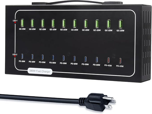 580W USB Charging Station, 20 Port Fast Charging Station for Multiple Devices, Dual PD 45W USB C Charger Block, Smart Power Delivery & Multi Protection for Laptop MacBook iPhone, iPad, Tablet