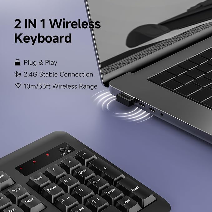 Redragon Wireless Keyboard, 2.4G Full-Sized Ergonomic Wireless Computer Keyboard with 10 Individual Multimedia Keys, Spill Resistant, for Mac OS Desktop/Laptop/PC BK7367
