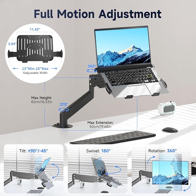 Suptek Laptop Desk Mount,Fully Adjustable Monitor and Laptop Mount Stand for 13-18 Inch Notebook and 17-32 inch Monitor Screen,Holds 22lbs with Vented Tray