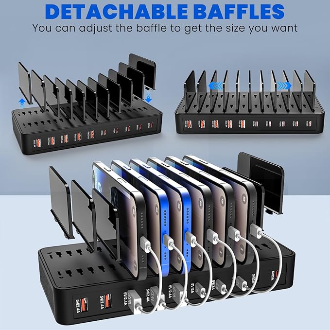 Charging Station for Multiple Devices,100W 10-Port Multi USB Charger with Power Switch,Adjustable Dividers and Type-C 3A for iPhone Galaxy iPad Tablet(Short Cables Not Included)