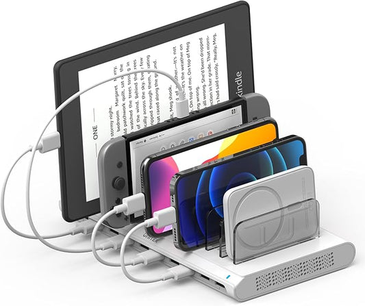Unitek Charging Station for Multiple Devices, 10-Port USB Charger with SmartIC Technology and Adjustable Dividers, Organizer Stand Compatible with iPad, Tablet, Kindle, iPhone, White