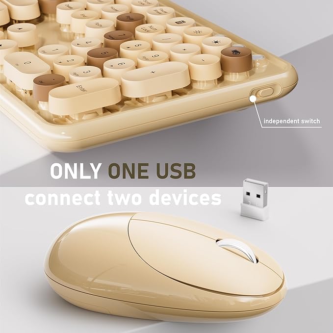 UBOTIE Wireless Keyboard and Mouse Combo with Phone Holder Wrist Rest, Round Colorful Keys, Power Switches, 2.4GHz USB Receiver, Full-Size QWERTY Layout for PC Laptop(Milk-Tea)