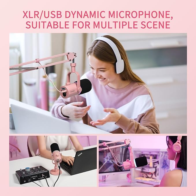 FEELWORLD PM1 XLR USB Dynamic Microphone with Boom Arm Gifts for Podcast Recording PC Computer Gaming Live Streaming Vocal Voice-Over, Studio Metal Mic, RGB Light, Mute Button, Headphones Jack (Pink)