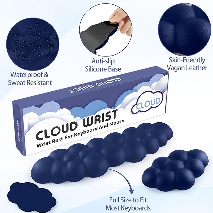 Sushret Cloud Wrist Rest for Keyboard and Mouse, Memory Foam PU Leather Keyboard Wrist Rest with Ergonomic Support, Non-Slip Base, Cute Arm Rest Pad & Palm Cushion, Office Desk Accessory, Dark Blue