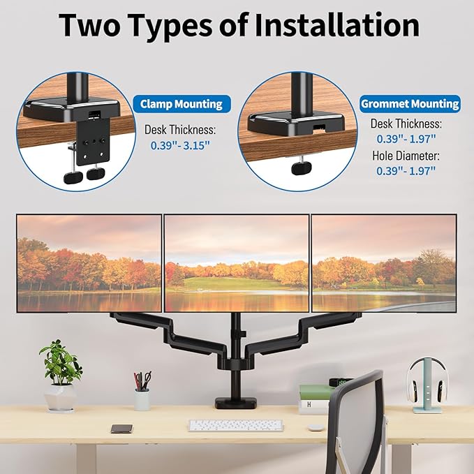 Triple Monitor Desk Mount for Computer Screens up to 32", Holds up to 19.8 lbs Each, 3 Monitor Arm, Heavy Duty Stand Vesa Mount 75x75, 100x100