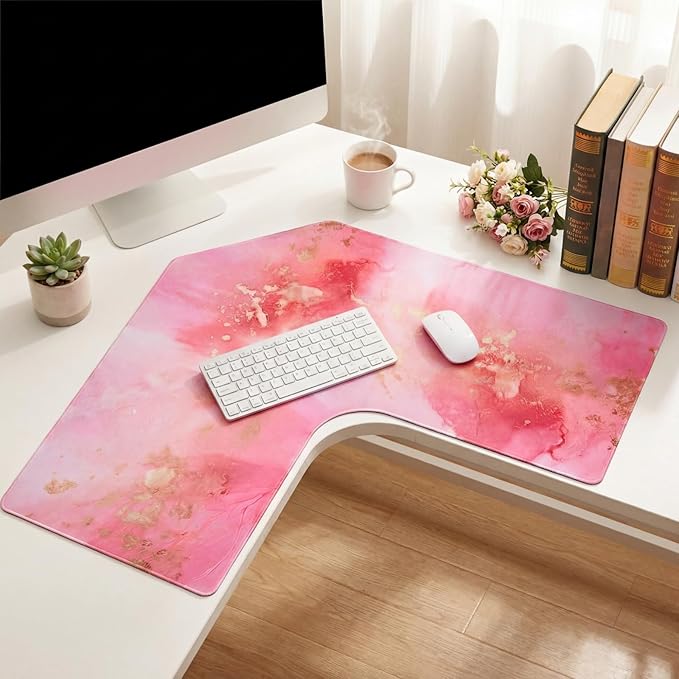 L Shaped Desk Mat for Corner, Large Extended Mouse Pad with Non-Slip Rubber Base, Pink Waterproof Desk Protector for Office & Gaming Setup