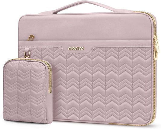 MOSISO 360 Protective Laptop Sleeve 13-13.3 inch, Compatible with MacBook Air 13 M2 M1, Compatible with MacBook Pro 13/14, Wavy Quilted Side Open Bag with Horizontal Pockets&Small Case, Pink