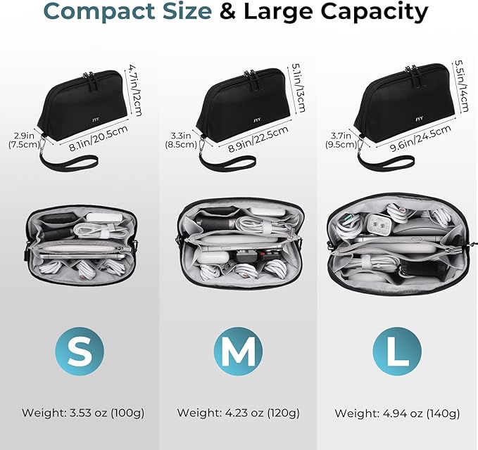 FYY Travel Cable Organizer - 8 Compartments Lightweight Water Resistant Tech Pouch with Wrist Strap Portable Electronic Accessories Case for Cord Charger Storage for Travel Home Office Black (Medium)