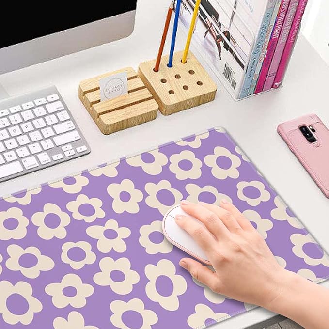 Vintage Groovy Purple Flowers Desk Mat, Extended Big Mouse Mat for Home and Office, Large Gaming Mousepad Laptop Keyboard Mat with Non-Slip Rubber Base, Stitched Edges (31.50"x11.8"x0.12")