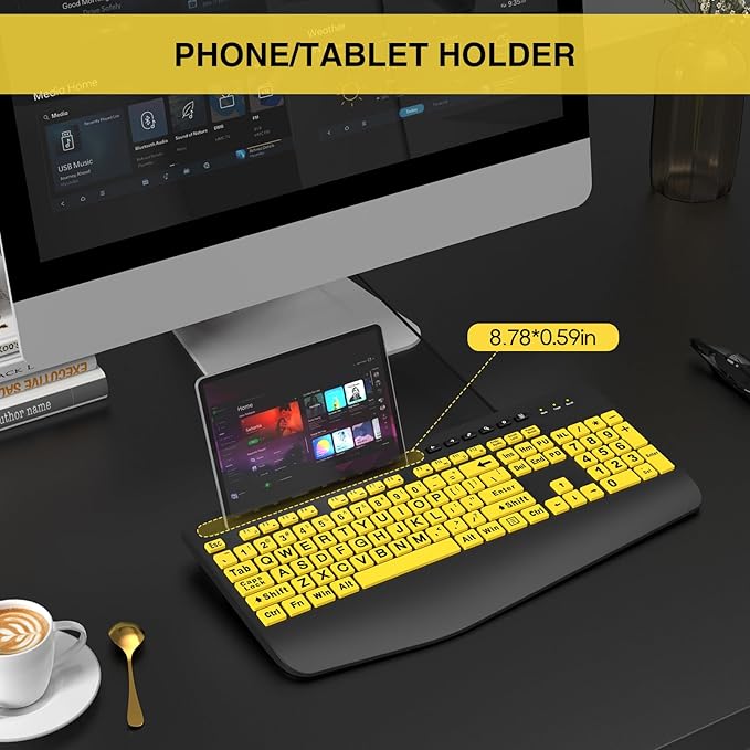SABLUTE Large Print Computer Keyboards, Wired USB High Contrast with Wrist Rest, Phone Holder Oversized Print Letters Easy to Read for Visually Impaired Vision Individuals (Yellow+Black)