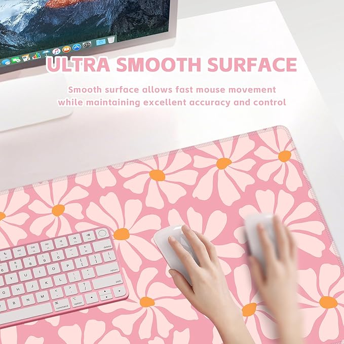Baziabbo Pink Desk Mat,XXL Extended Large Mouse Pad,Gaming Mousepad with Stitched Edge,Non-Slip Rubber Base Keyboard Desk Pad for Home Office Study Game (Pink Flowers)