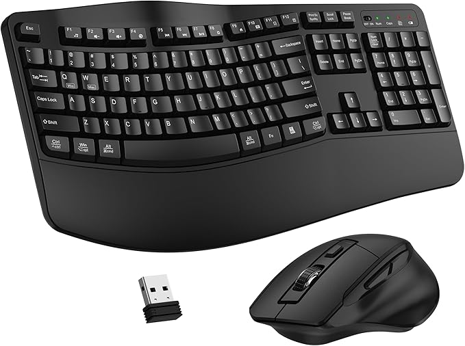 Wireless Keyboard and Mouse Combo, 2.4G Full Size Wave Keys Ergonomic Keyboard with Wrist Rest and 3-Level DPI Adjustable Wireless Ergonomic Mouse for Windows, Mac OS Desktop/Laptop/PC(Black)