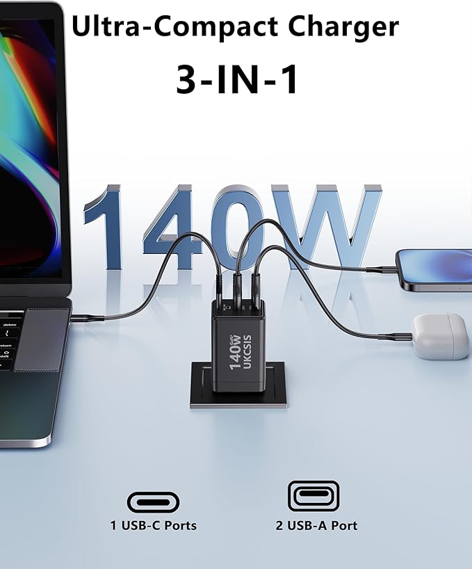 140W USB C Charger Block, Foldable 3-Port GaN Fast Charger, Type C Charging Block, Laptop Fast Charging Adapter for MacBook Pro/Air, iPad, iPhone, Samsung Galaxy (Grey)