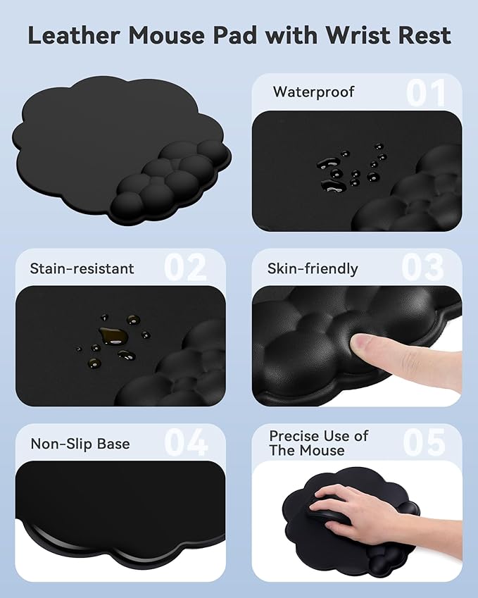 Laborio Cloud Wrist Rest for Keyboard and Mouse for Desktop, PU Leather Cloud Computer Keyboard Stand with Mouse Pad, Key Board Wrist Support Riser, Angle Adjustable Arm Rest(Black)