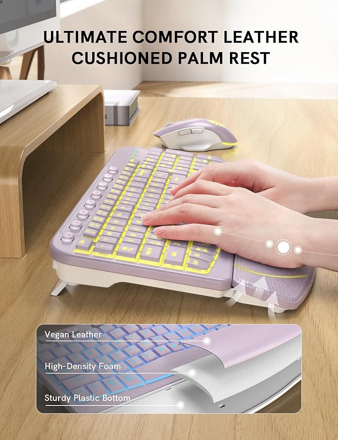 SABLUTE Ergonomic Wireless Keyboard and Mouse Combo - Wave Keyboard with Soft Leather Wrist Rest, Resistant Keys, RGB Backlit Rechargeable Set for PC/Mac/Chromebook (Lavender Purple)