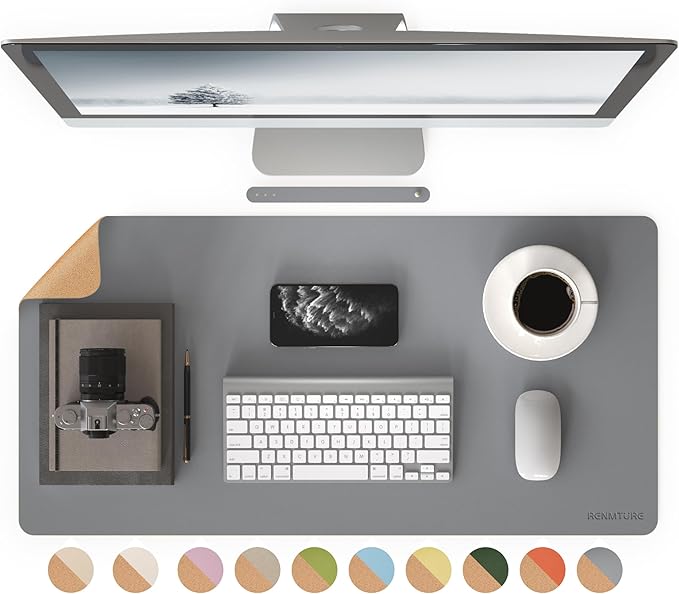RENMTURE Dual-Sided Large Desk Pad, Faux Leather Natural Cork Mouse pad, Desk Accessories Protector, for Office and Home Work (Space Grey, 32"x16")