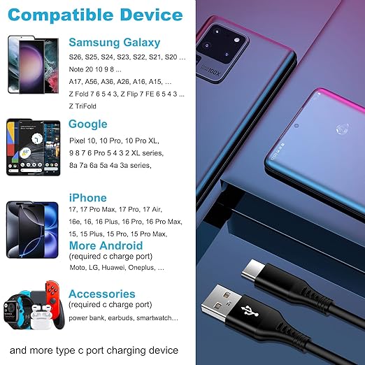 2.5ft Coiled Fast Charging Cable Phone Charger for Samsung Galaxy S26+ S26 Ultra S25 Edge Plus Z Fold 7 6 5 4 3 2 Flip 7 FE 6 5 4, Z Trifold, Tri Fold, S24 S23, USB A to Type C Car Retractable Cord