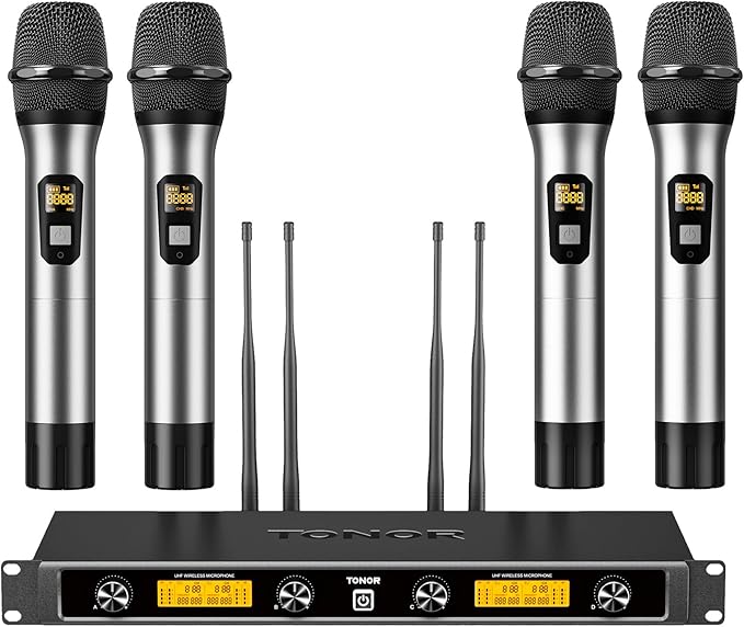 TONOR Wireless Microphones System, 4x5 Channel UHF Wireless Mic, 4 Handheld Adjustable Frequency Metal Cordless Dynamic Mic, Multiset Operation, 90 m Ideal for Karaoke Singing Wedding Church, Silver