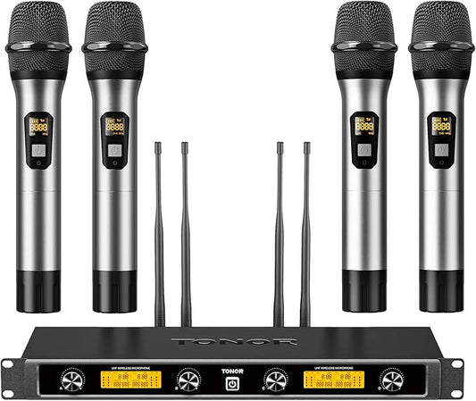 TONOR Wireless Microphones System, 4x5 Channel UHF Wireless Mic, 4 Handheld Adjustable Frequency Metal Cordless Dynamic Mic, Multiset Operation, 90 m Ideal for Karaoke Singing Wedding Church, Silver