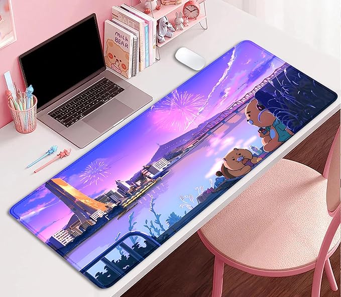 Cartoon Bear Large Desk Mat, Fireworks Theme - Gaming Mouse Pad for Computer, Office, Home (27.5x11.8 in)