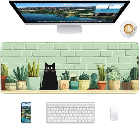 Black Cat Mouse Pad, 31.5 x 11.8 Large Desk Mat with Stitched Edges & Non-Slip Base, Mousepad for Office, Home, Work