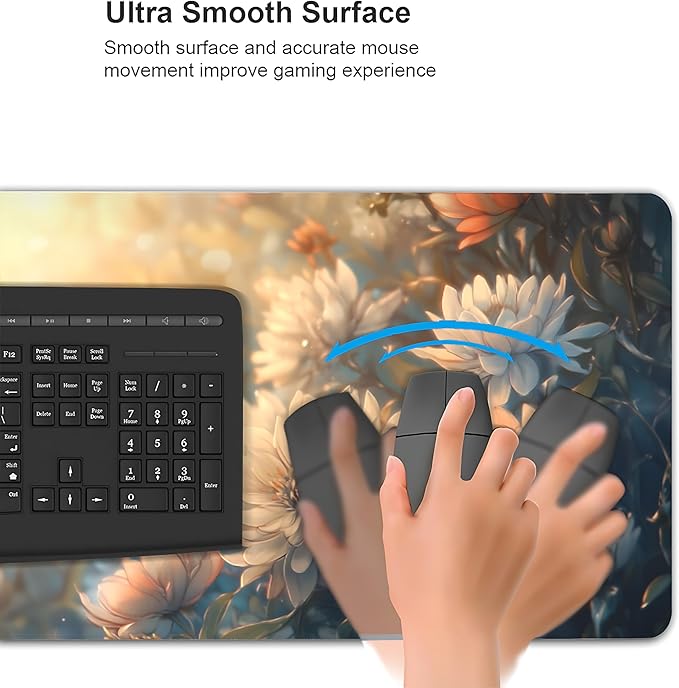 Floral Aesthetic Dahlia Gaming Mouse Pad, Orange White Dreamy Desk Mat with Anti-Slip Base & Stitched Edges, Computer Keyboard & Laptop Pad, 35.4" x 15.7" in in Workstation Accessories