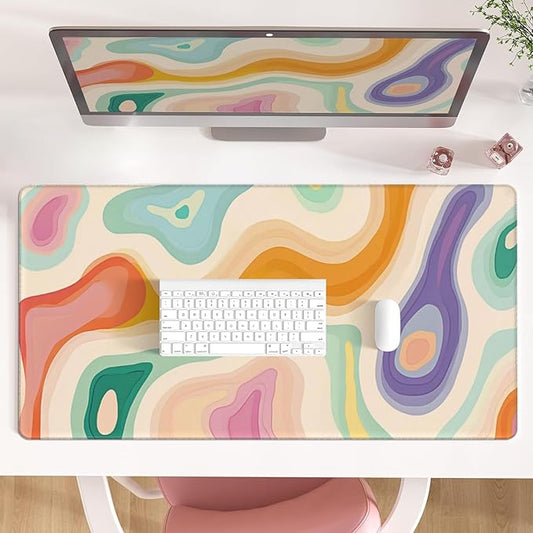 AQQA Abstract Aesthetic Desk Mat Desktop,Gaming Mouse Pad Long Cute Large Desk Pads 31.5X15.7 Inch Mousepad with Non-Slip Base Stitched Edge Keyboard Mat for Gaming Office, Abstract Modern Colorful