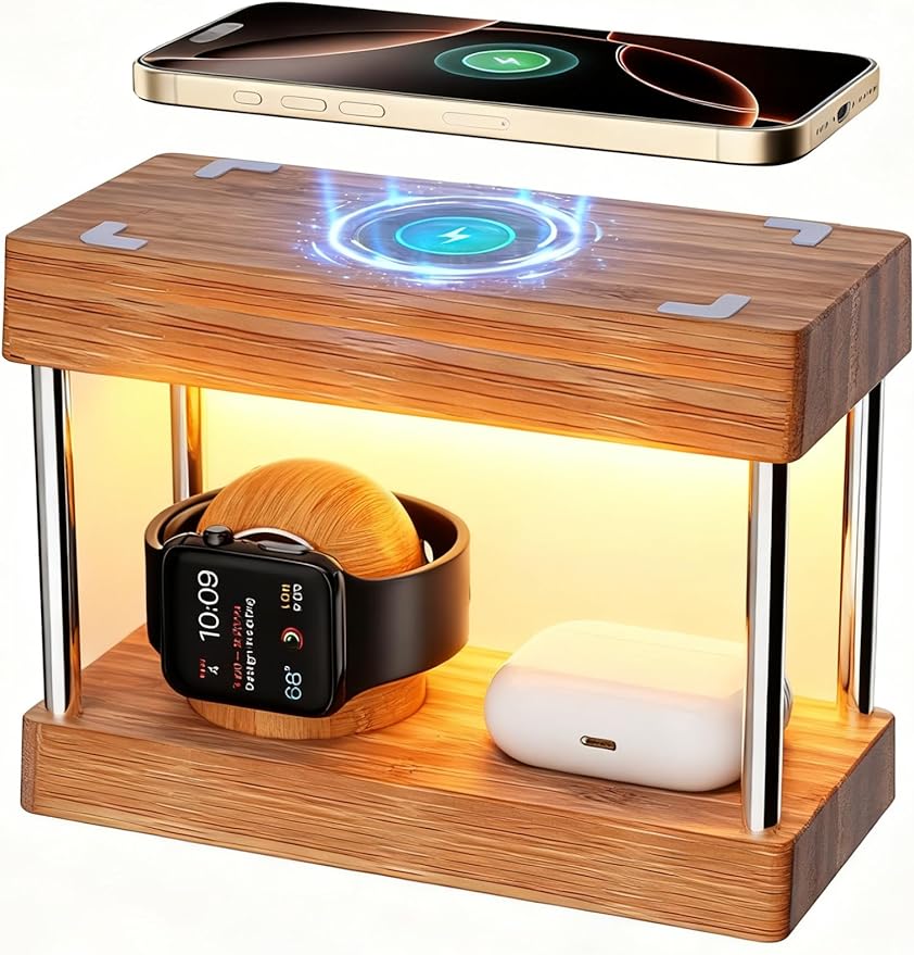Bamboo Wireless Charging Station with Light: Ideal Gifts for Her Him 4 in 1 Charging Station for Multiple Devices, Bedside Wireless Charger for iPhones 16-8/Pro/AirPods/iWatch