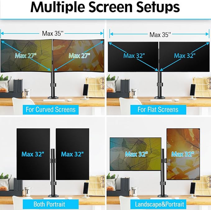 MOUNTUP Dual Monitor Stand Fits Max 32 Inch Screen up to 17.6lbs, Dual Monitor Desk Mount, Fully Adjustable Dual Monitor Arm for 2 LCD Screens, Double Monitor Stand with C-Clamp and Grommet Base