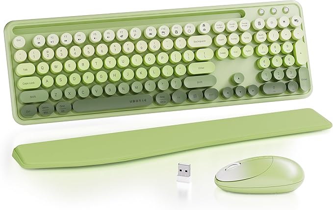 UBOTIE Wireless Keyboard and Mouse Combo with Phone Holder and Wrist Rest, Round Colorful Keys, Power Switches, 2.4GHz USB Receiver, Full-Size QWERTY Layout for PC Laptop（Green