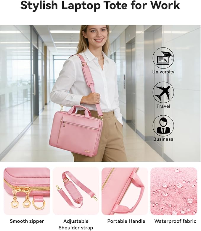 15.6 16 Inch Laptop Bag Case for Women Men Compatible with MacBook Pro M5/HP OmniBook Omen Envy/Dell Pro Inspiron/Lenovo Yoga IdealPad, Messenger Carrying Briefcase Computer Bag Case, Pink