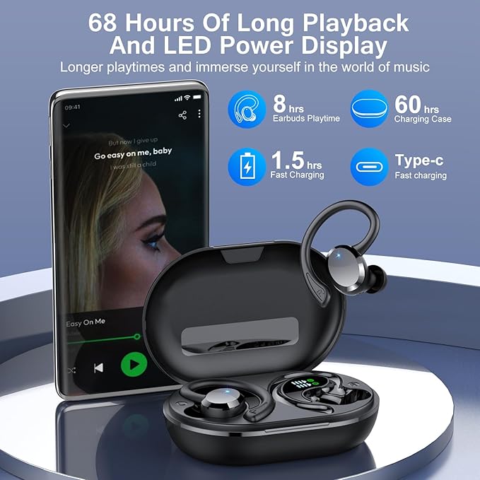 Ear Buds Wireless Bluetooth Earbuds, Bluetooth 5.4 Headphones 68hrs Playtime Sport Earphones with LED Display ENC Noise Cancelling Mic, IPX7 Waterproof Earbuds with Hook for Sports/Workout/Running