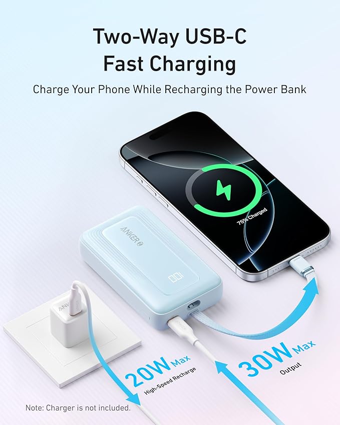 Anker Zolo Power Bank (2025 Upgraded Version), 20,000mAh 30W High-Speed Portable Charger with Built-in USB-C Cable, Battery Pack for iPhone 17/16 / 15 Series, Galaxy, and More