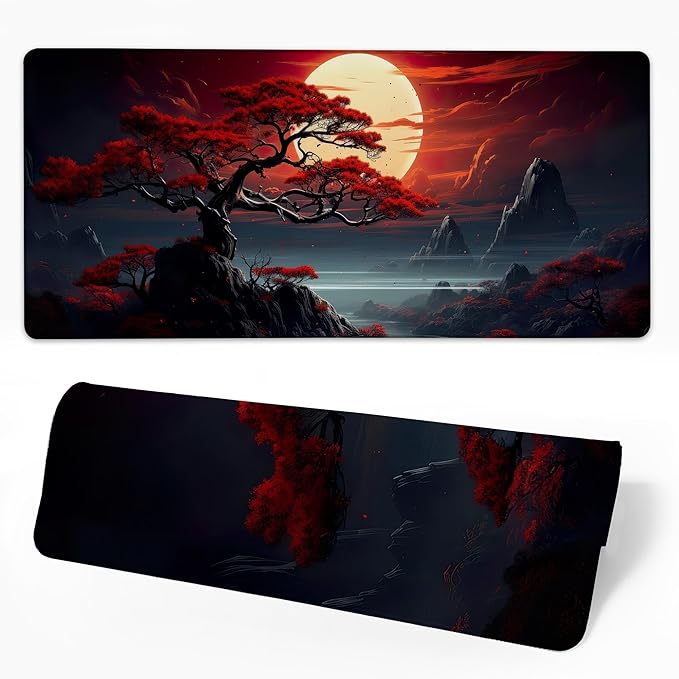 Desk Pad Darkness Red Moon Desk Mat for Keyboard and Mouse, Large XXL Gaming Mouse Pad with Stitched Edges for Work Game Office, 35.43 x 15.75 in