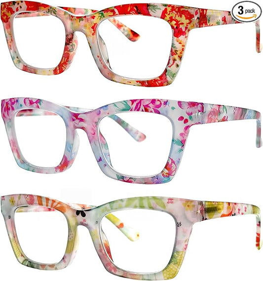 3 Pack Reading Glasses for Women Blue Light Blocking Computer Square Readers with Spring Hinge (Mix Color-9, 0.00, x)