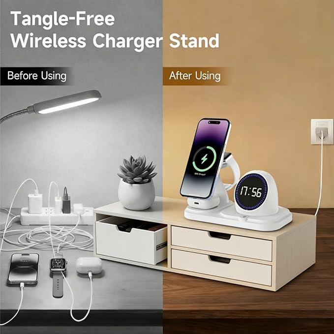 6 in 1 Wireless Charger i-Phone Charging Station: Stand for Multiple Devices for Apples - Compatible i-Phone 17 16 15 14 13 Pro Max Apples Watch Airpods, Design with Wireless Speaker & Clock (White)