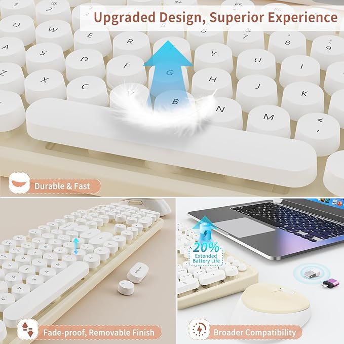 HotFox Wireless Keyboard and Mouse Combo, Full-Size Retro Typewriter Keyboard with Round Keycaps, Ergonomic Design for Windows PC, Home and Office Use - Cream