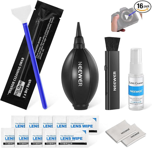 NEEWER 16 in 1 Camera Lens Cleaning Kit, 1x Brush + 1x Air Blower + 1x Cleaning Swab for 24mm Full Frame Sensor + 1x Cleaner Spray + 2X Cloth + 10x Wet Lens Wipe, HM-44 by Neewer