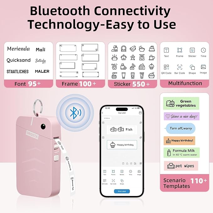 ORGSTA Label Maker, S001 Portable Bluetooth Label Maker Machine with Tape, Thermal Label Printer for Home, Office, School Organization, Wireless Mini Labeler Machine, Pink