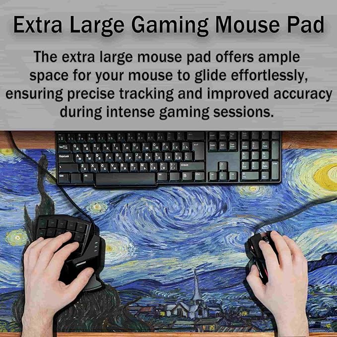 Keyboard Mouse Pad Blue Computer Desk Pads XXL Mousepad Pad for Mouse Non-Slip Rubber Base Waterproof with Stitched Edges 35.4" X 15.7" for Game Office, The Starry Night