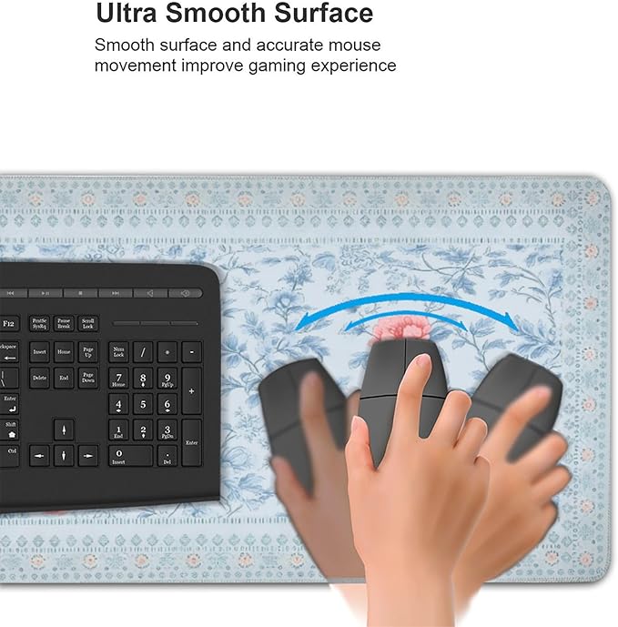 Blue Floral Pattern Mouse Pad XXL Large Anti-Slip Stitched Edges Desk Mat for Women, Home Office Computer Keyboard Desk Pad Mat Cute Aesthetic Office Supplies & Decor