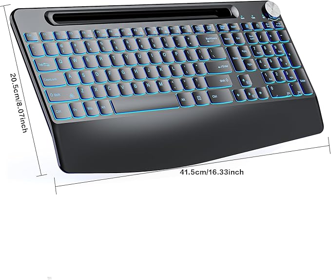 JOMAA 2.4G Wireless Silent Keyboard, Rechargeable,with 7 Colored Backlits &Phone Holder &Wrist Rest,Lighted up Full Size Keyboard for Mac Windows Laptop PC