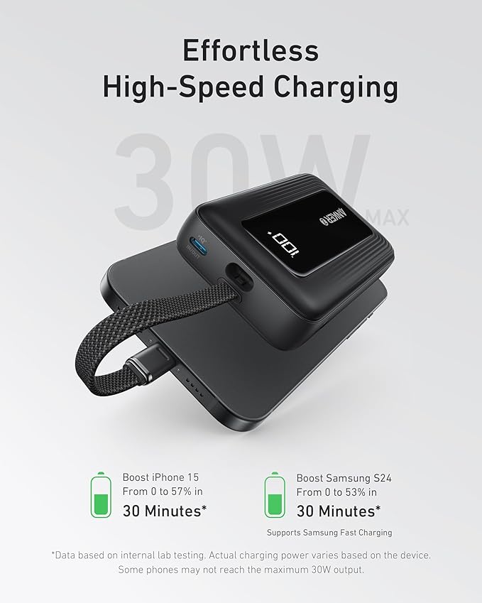 Anker Zolo Power Bank (2025 Upgraded Version), 20,000mAh 30W High-Speed Portable Charger with Built-in USB-C Cable, Battery Pack for iPhone 17/16 / 15 Series, Galaxy, and More