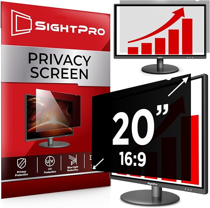 SightPro 20 Inch 16:9 Computer Privacy Screen Filter for Monitor - Privacy Shield and Anti-Glare Protector (17 7/16" x 9 13/16")