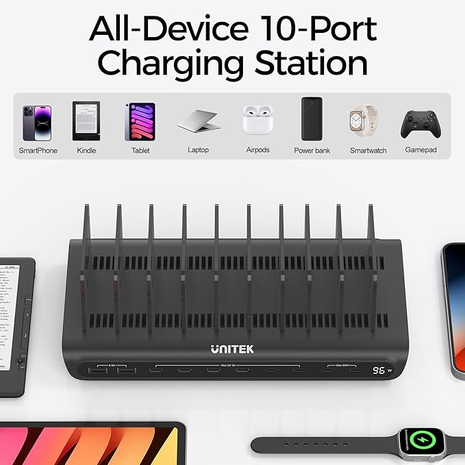 UNITEK 10-Port USB C Charging Station 96W with 2X 65W PD, [2A+8C] Laptop Charging Station for Multiple Devices, Fast Charger Dock for Home Office