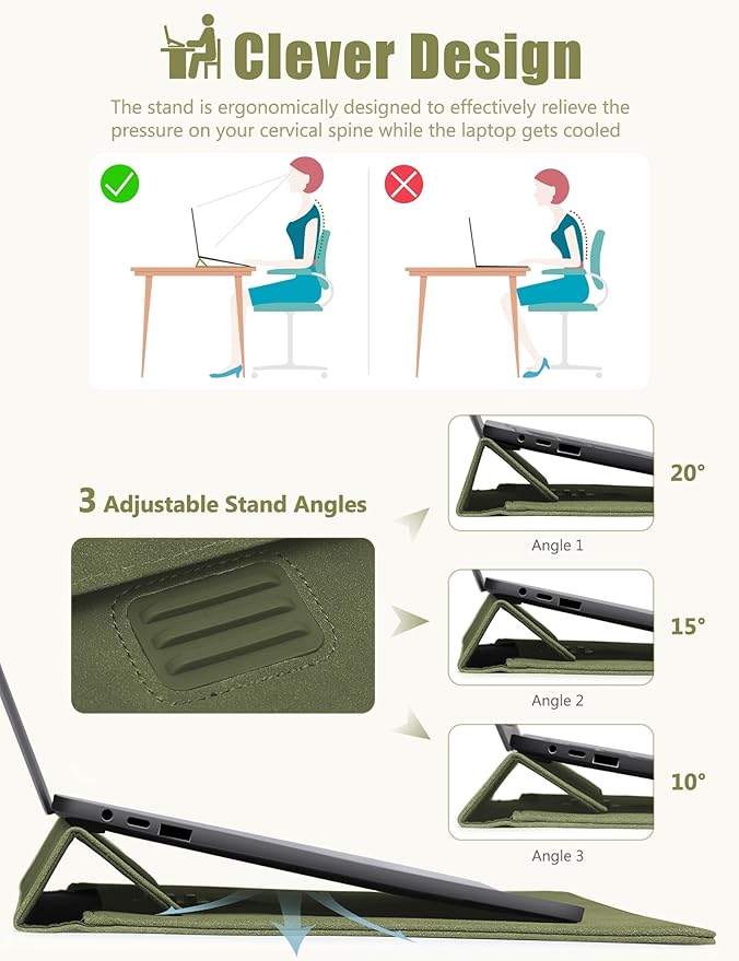 HYZUO 13 Inch Laptop Sleeve Case Bag with Adjustable Stand for MacBook Air 13 M5 A3449 M4 M3 M2 M1 2026-2018, 13" MacBook Neo 2026, MacBook Pro 13 M2 M1 2026-2016, Surface Pro, XPS 13, Olive Green